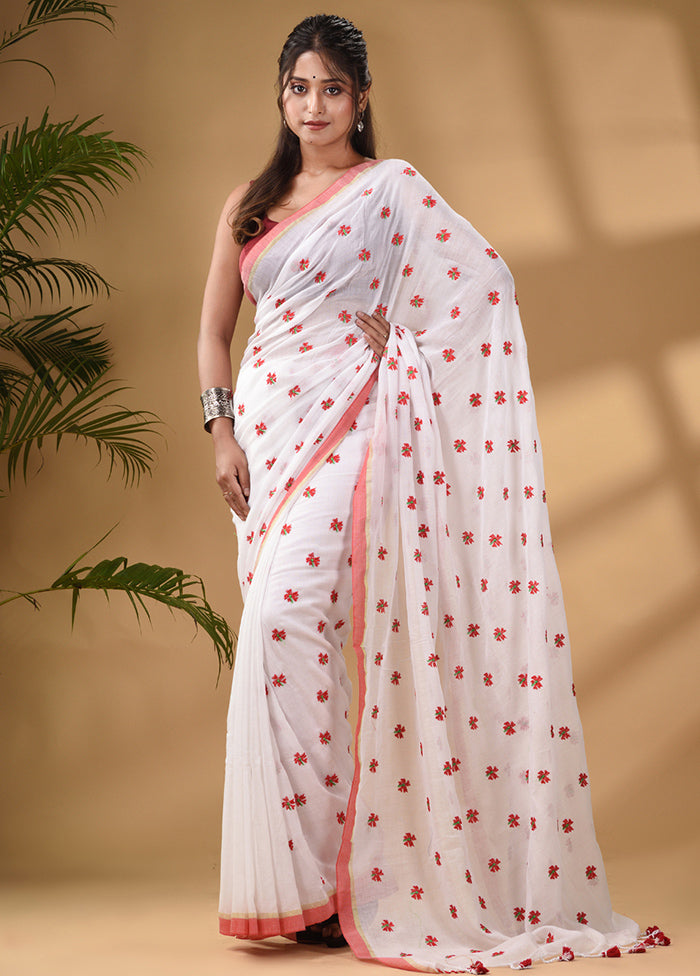 White Pure Cotton Saree With Blouse Piece - Indian Silk House Agencies