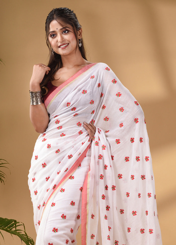 White Pure Cotton Saree With Blouse Piece - Indian Silk House Agencies