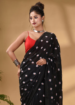 Black Pure Cotton Saree With Blouse Piece - Indian Silk House Agencies