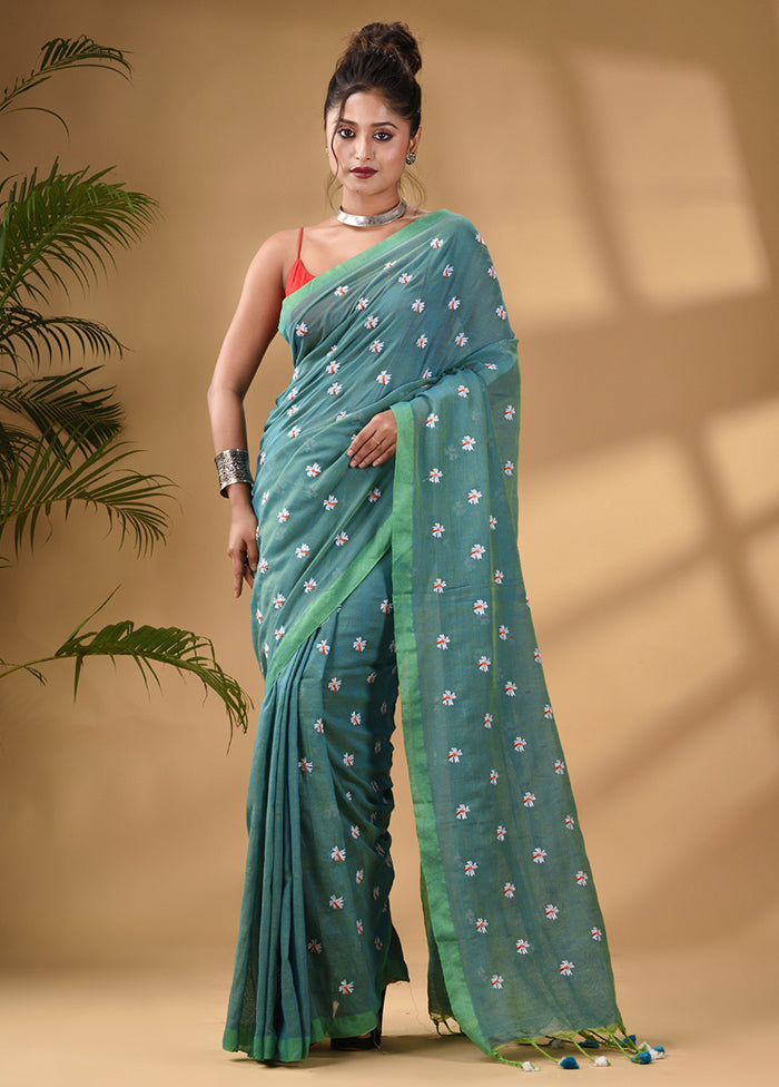 Sea Green Pure Cotton Saree With Blouse Piece - Indian Silk House Agencies