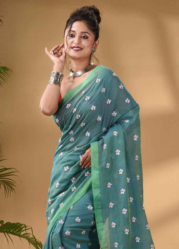 Sea Green Pure Cotton Saree With Blouse Piece - Indian Silk House Agencies