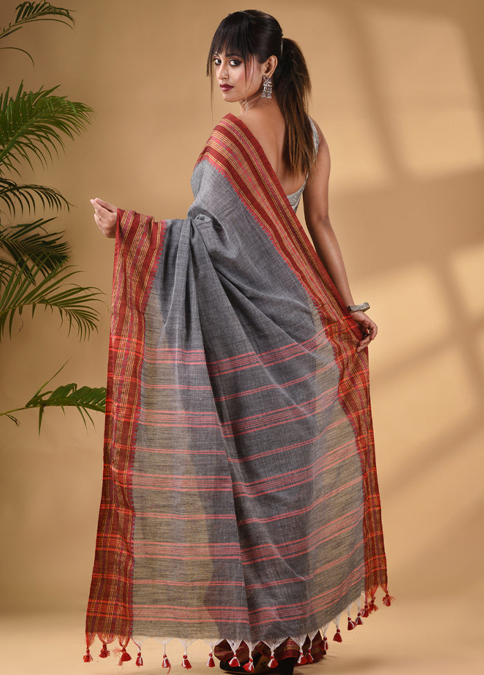 Grey Pure Cotton Saree With Blouse Piece - Indian Silk House Agencies