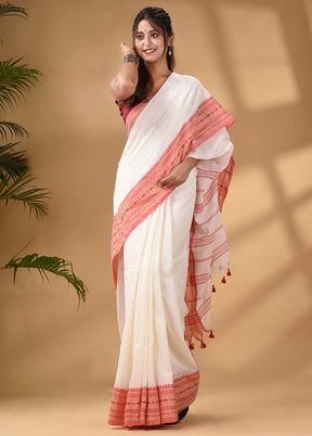 White Pure Cotton Saree With Blouse Piece - Indian Silk House Agencies