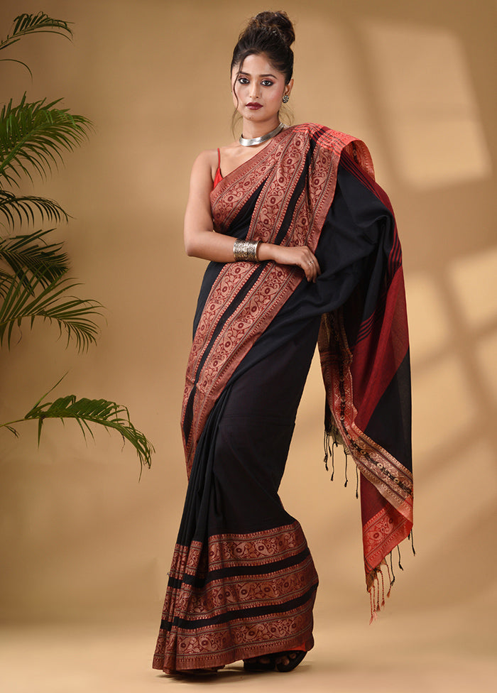 Black Pure Cotton Saree With Blouse Piece - Indian Silk House Agencies