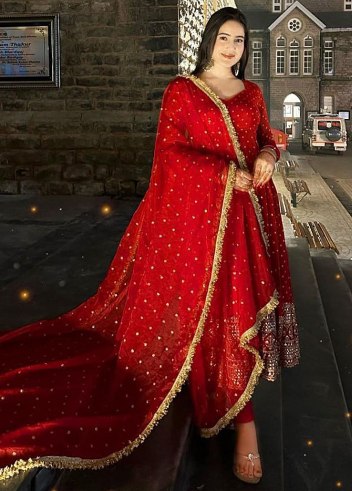 3 Pc Red Georgette Suit Set - Indian Silk House Agencies