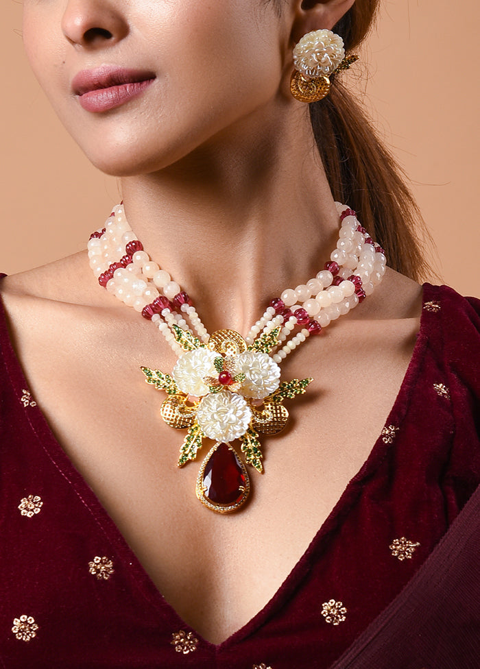 Gold Plated Mother Of Pearl Flower Necklace In Ruby - Indian Silk House Agencies