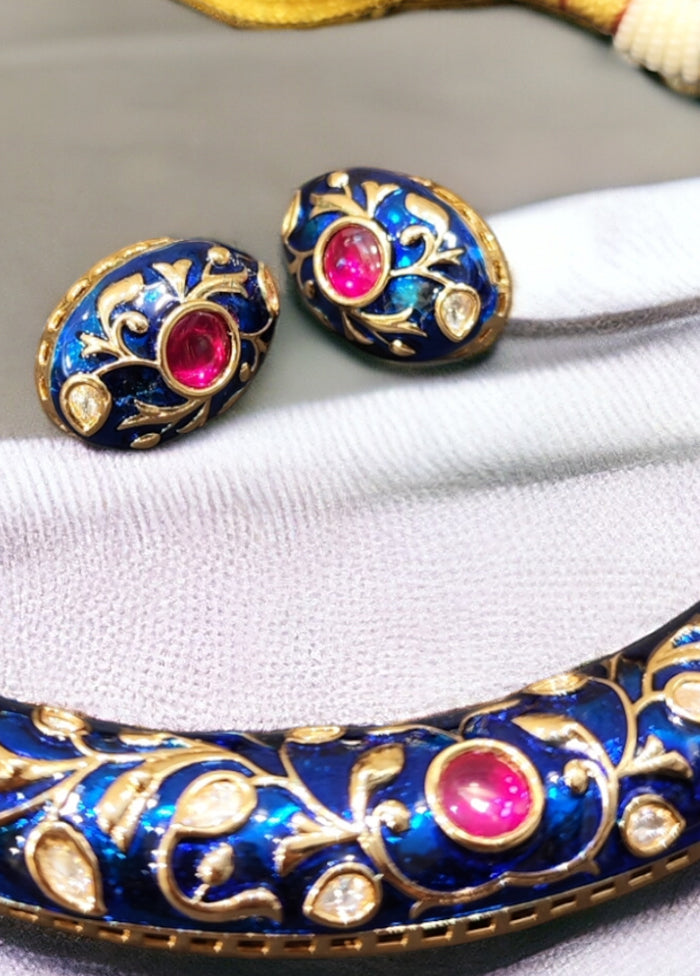 Gold Plated Blue Meena Hasli Earrings With Push - Indian Silk House Agencies