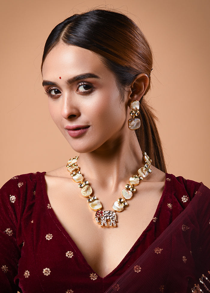 Gold Plated Mop Baroque Necklace With Elephant Pendent Earrings With Push - Indian Silk House Agencies