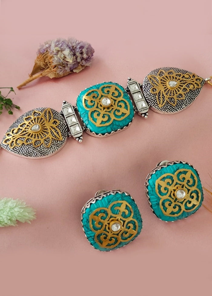 Turquoise Stone Silver Plated Chokher Earrings With Push And Clip - Indian Silk House Agencies