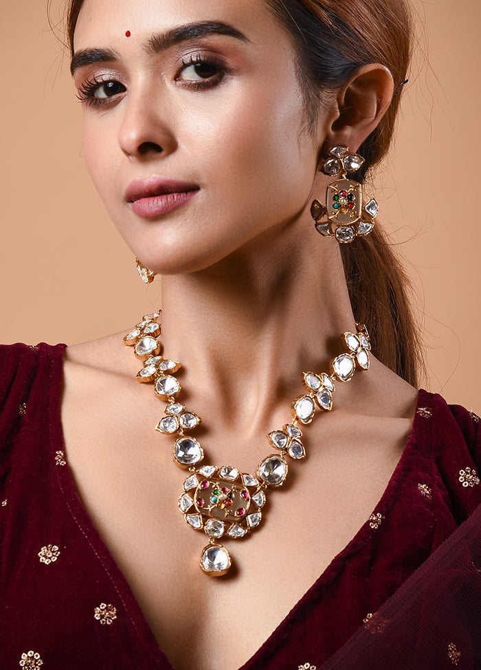 Polki Necklace In Grey Pendent Earrings With Push Back - Indian Silk House Agencies