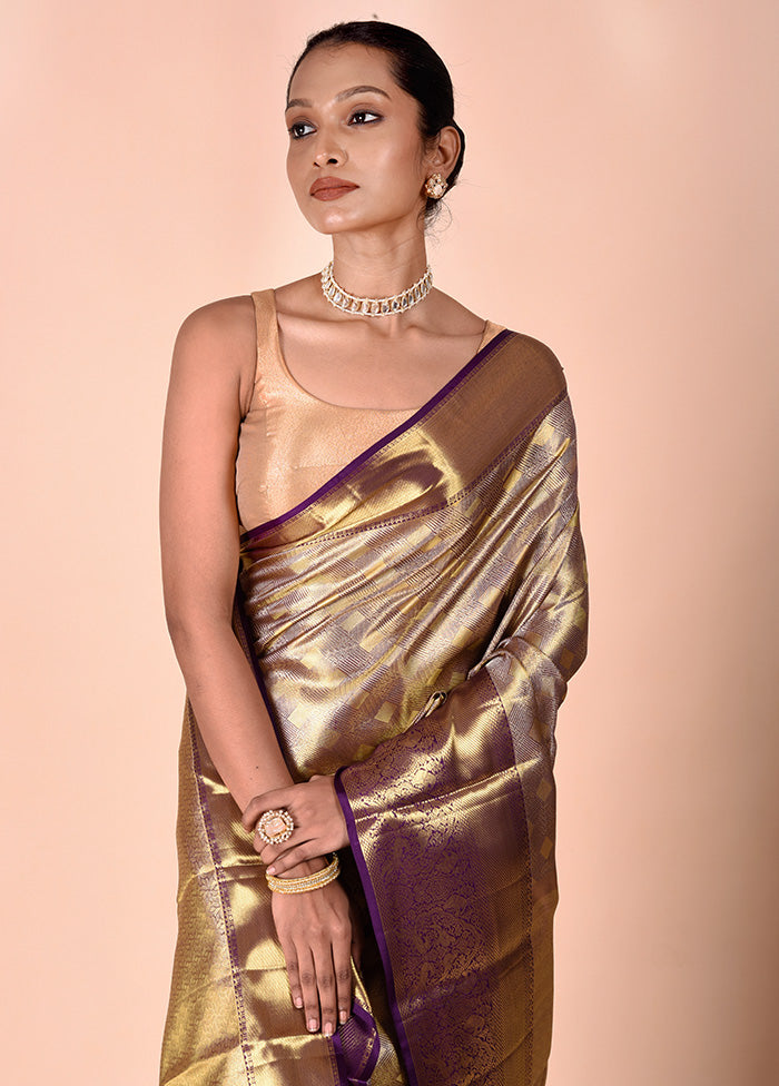 Golden Handloom Kanchipuram Pure Silk Saree With Blouse Piece