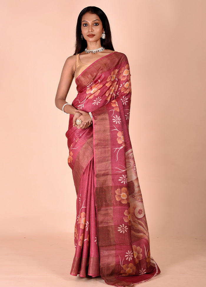 Pink Handloom Tussar Pure Silk Saree With Blouse Piece