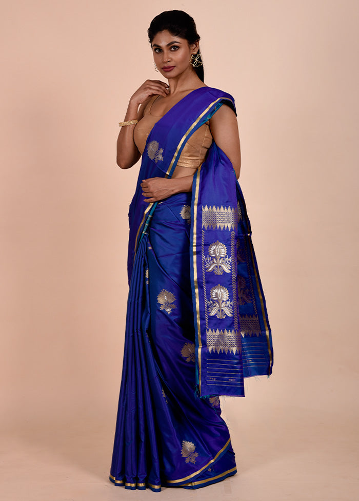 Blue Katan Silk Saree With Blouse Piece