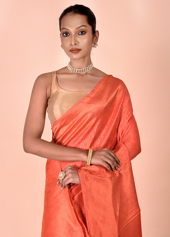 Orange Handloom Kanjivaram Pure Silk Saree With Blouse Piece