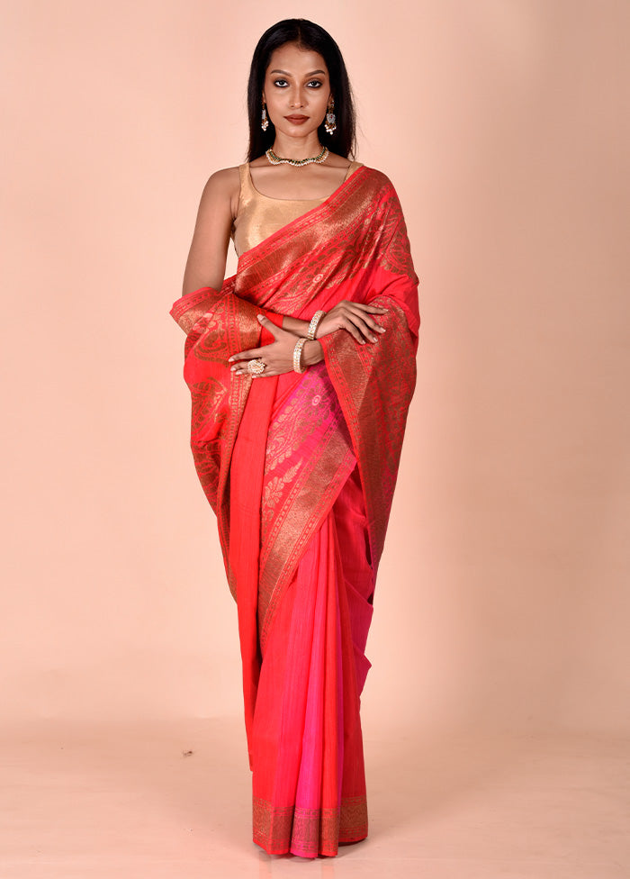 Red Handloom Tussar Pure Silk Saree With Blouse Piece