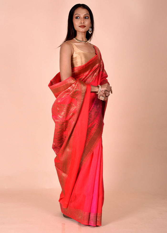 Red Handloom Tussar Pure Silk Saree With Blouse Piece