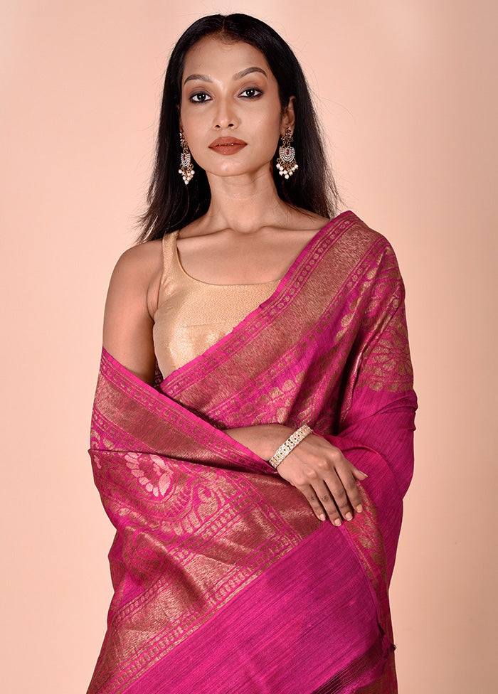 Pink Handloom Tussar Pure Silk Saree With Blouse Piece