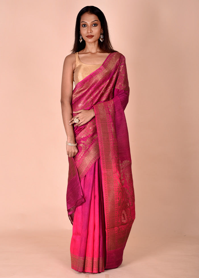 Pink Handloom Tussar Pure Silk Saree With Blouse Piece