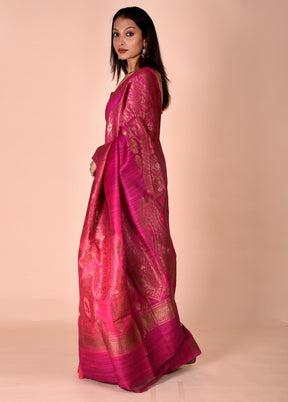 Pink Handloom Tussar Pure Silk Saree With Blouse Piece