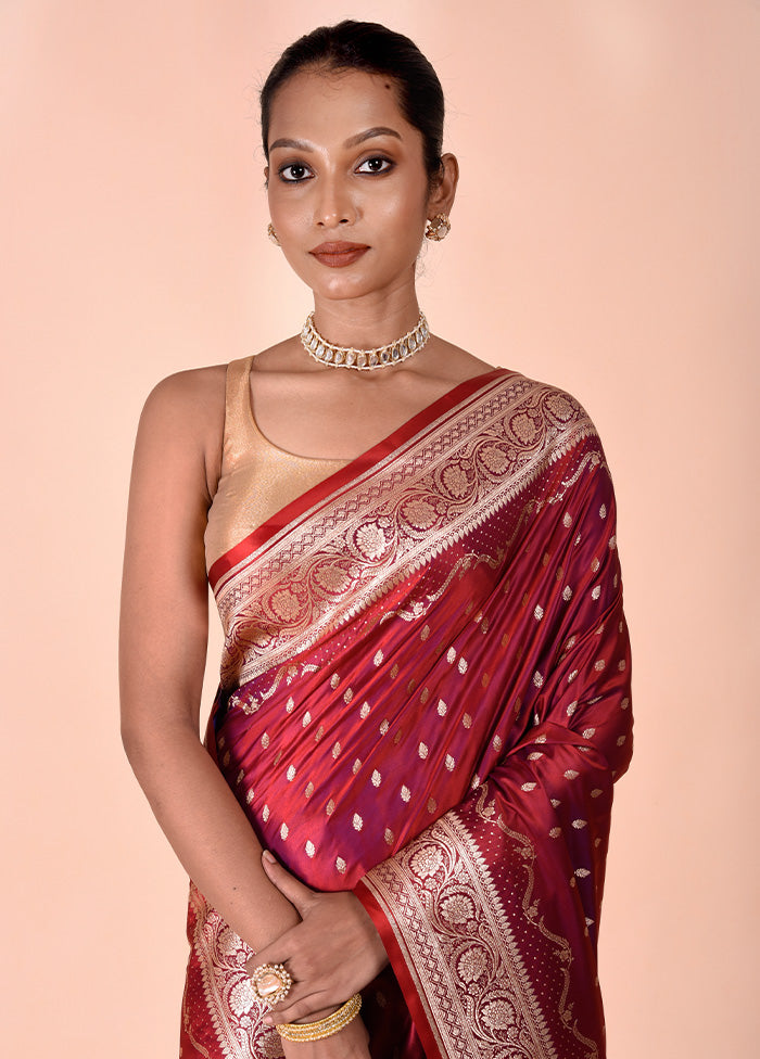 Maroon Banarasi Silk Saree With Blouse Piece