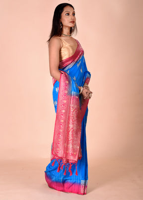 Blue Dupion Silk Saree With Blouse Piece