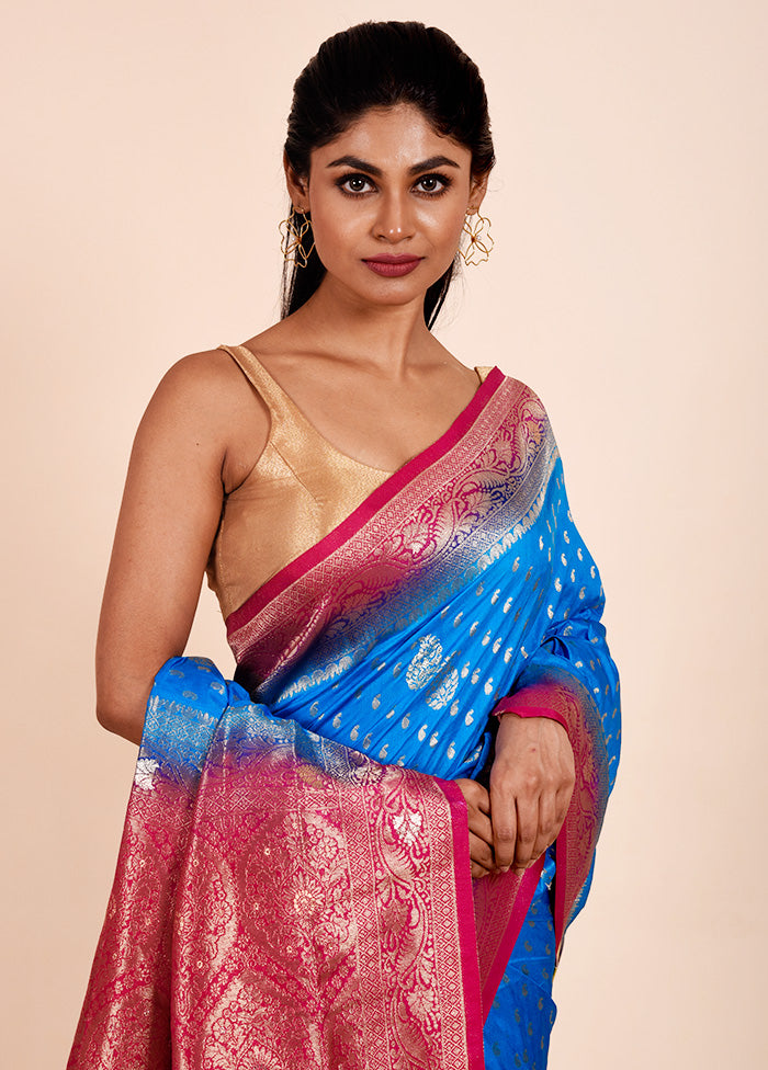 Blue Dupion Silk Saree With Blouse Piece