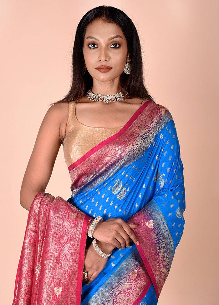 Blue Dupion Silk Saree With Blouse Piece