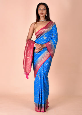 Blue Dupion Silk Saree With Blouse Piece