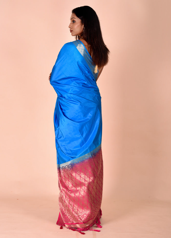 Blue Dupion Silk Saree With Blouse Piece