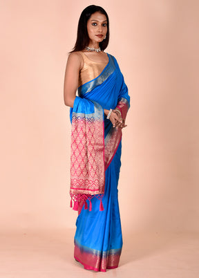 Blue Dupion Silk Saree With Blouse Piece