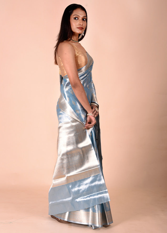 Blue Tissue Silk Saree With Blouse Piece