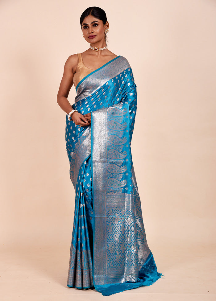 Blue Banarasi Silk Saree With Blouse Piece