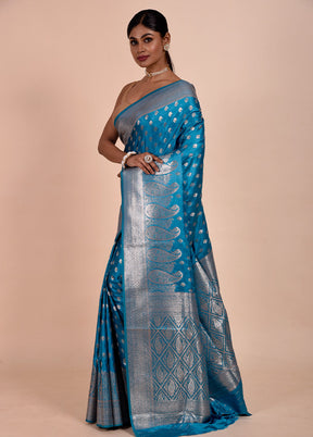 Blue Banarasi Silk Saree With Blouse Piece