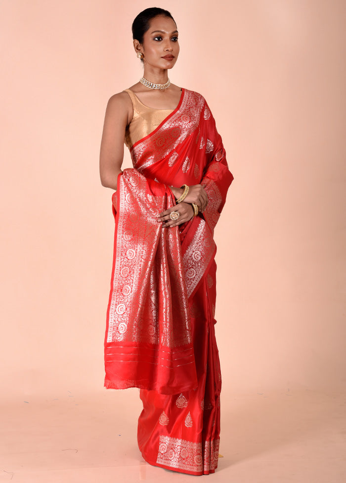 Red Banarasi Silk Saree With Blouse Piece