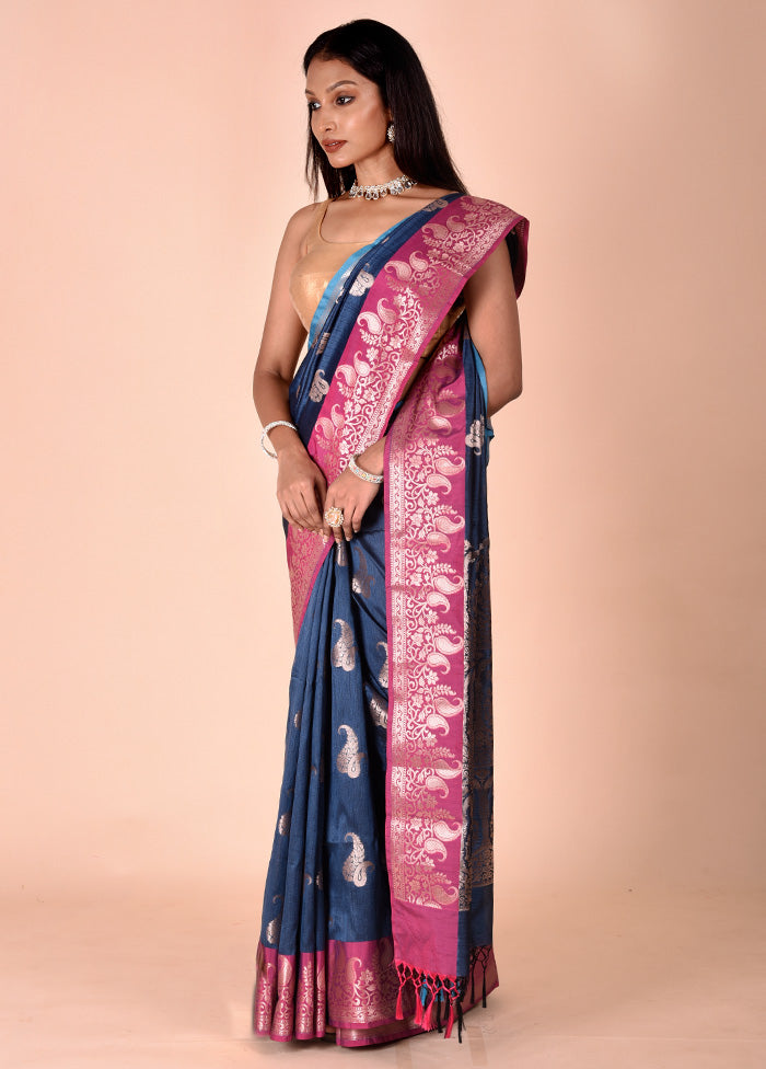 Blue Cotton Saree With Blouse Piece