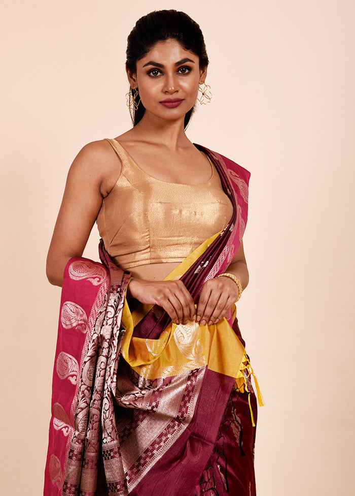 Maroon Cotton Saree With Blouse Piece