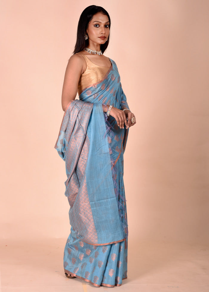 Blue Kora Silk Saree With Blouse Piece