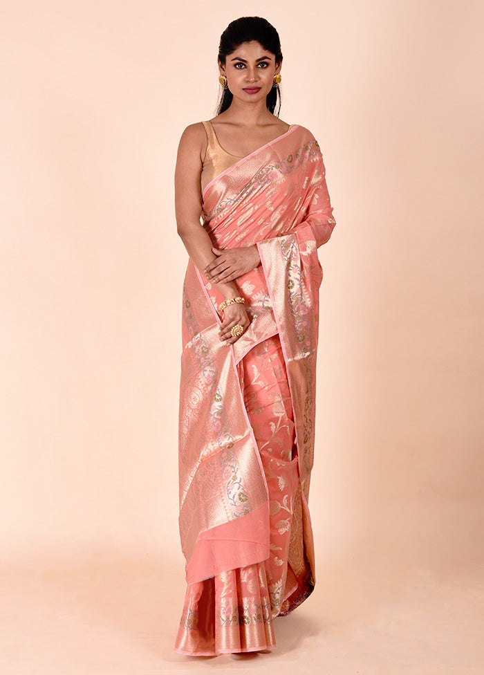 Peach Kota Cotton Saree With Blouse Piece