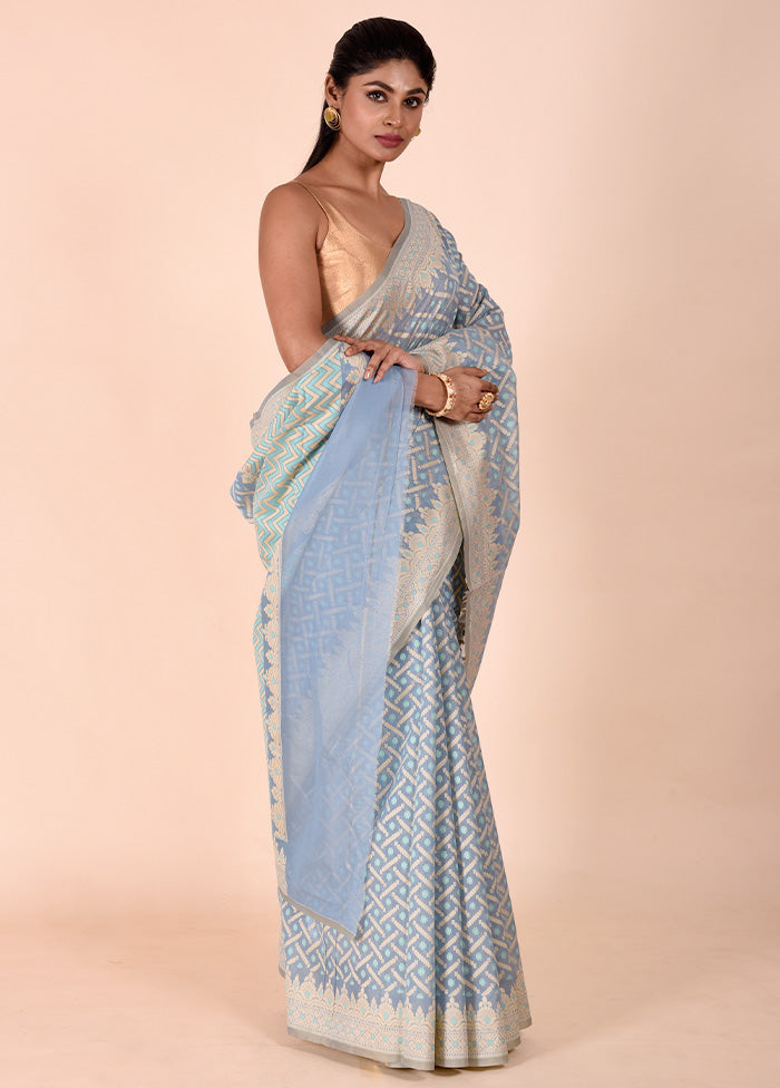 Blue Kora Silk Saree With Blouse Piece