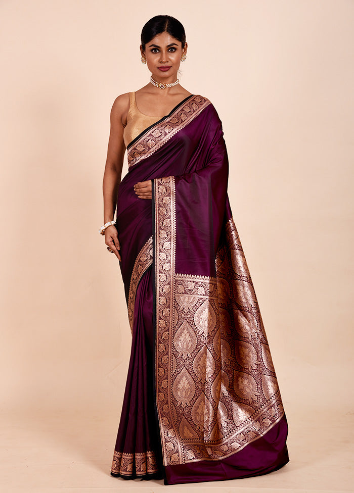 Wine Banarasi Silk Saree With Blouse Piece