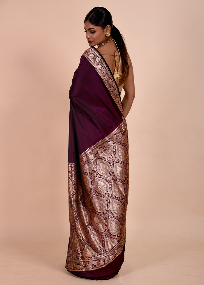 Wine Banarasi Silk Saree With Blouse Piece