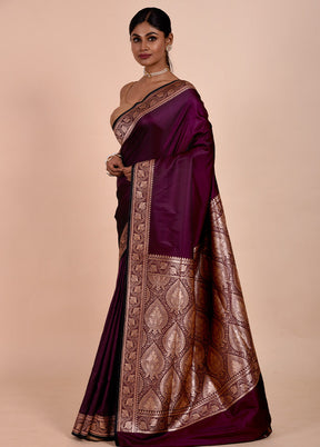 Wine Banarasi Silk Saree With Blouse Piece