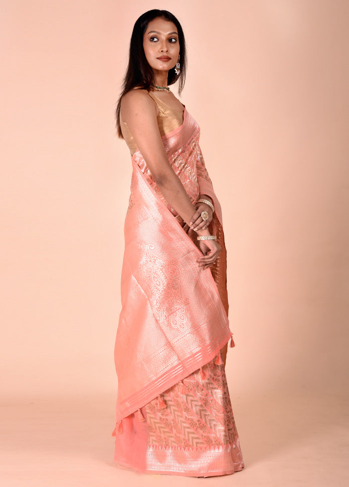 Peach Kora Silk Saree With Blouse Piece