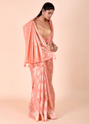 Peach Kora Silk Saree With Blouse Piece