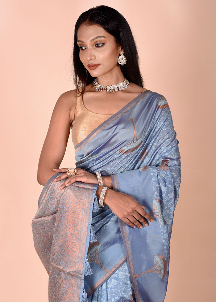 Blue Kora Silk Saree With Blouse Piece