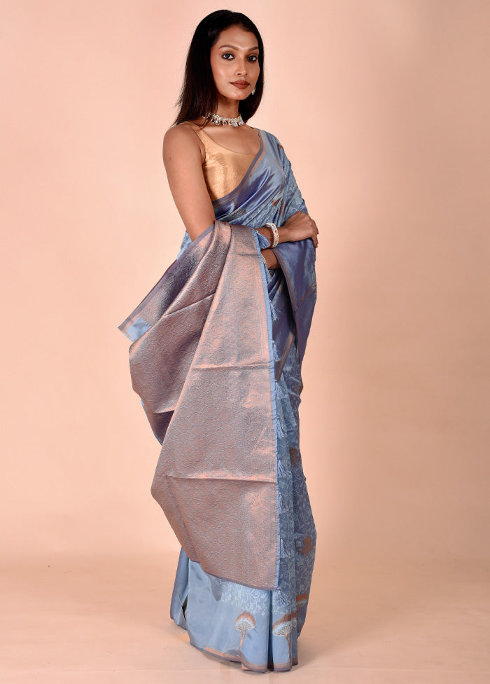 Blue Kora Silk Saree With Blouse Piece