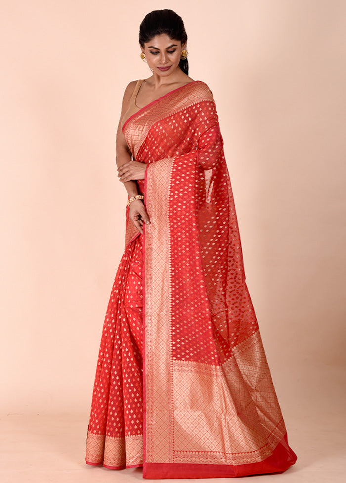 Red Kora Silk Saree With Blouse Piece