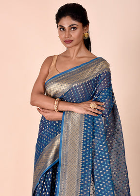 Blue Kora Silk Saree With Blouse Piece