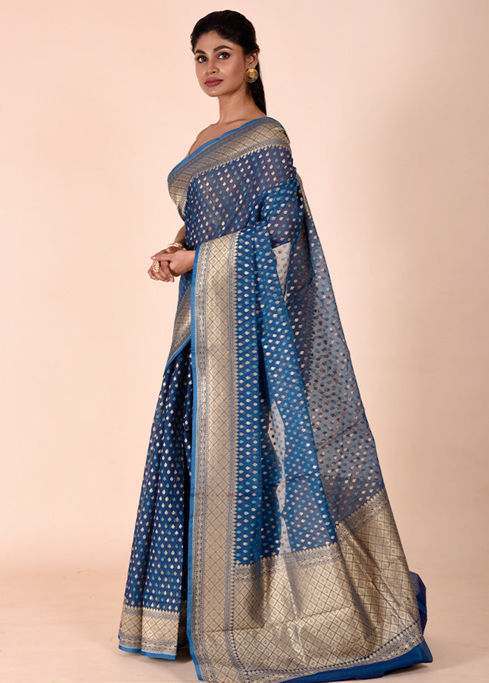 Blue Kora Silk Saree With Blouse Piece