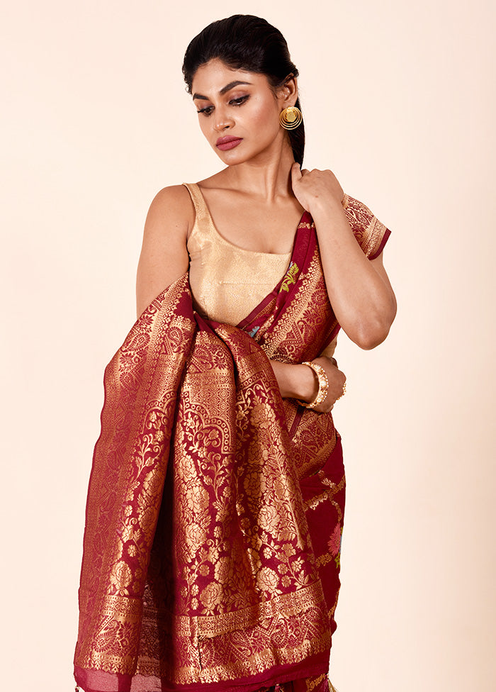 Maroon Georgette Saree With Blouse Piece